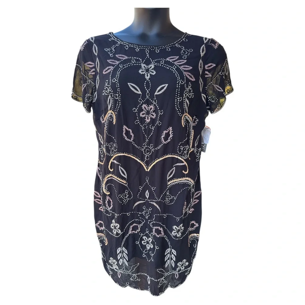 Spense Black Beaded Embellished Cocktail Dress Women 14 NWT Sheer Overlay - Picture 2 of 16